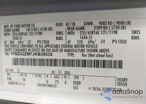 2018 Ford Transit-350 Xl из США, поврежденный, VIN 1FBZX2ZM7JKB39332